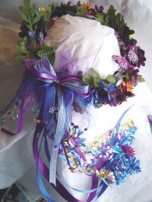 Violet Autumn wreath, colorful butterflies, silk daisies, fall flowers and ribbon, in bright blue, purple, oranges, gold.