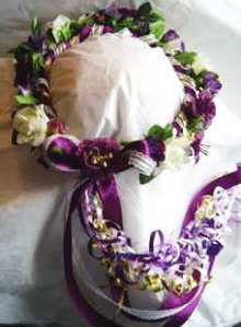 Cordelia wreath, purple and ivory roses.