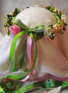 Kiwi wreath - pink, peach and cream roses with shades of green ribbon